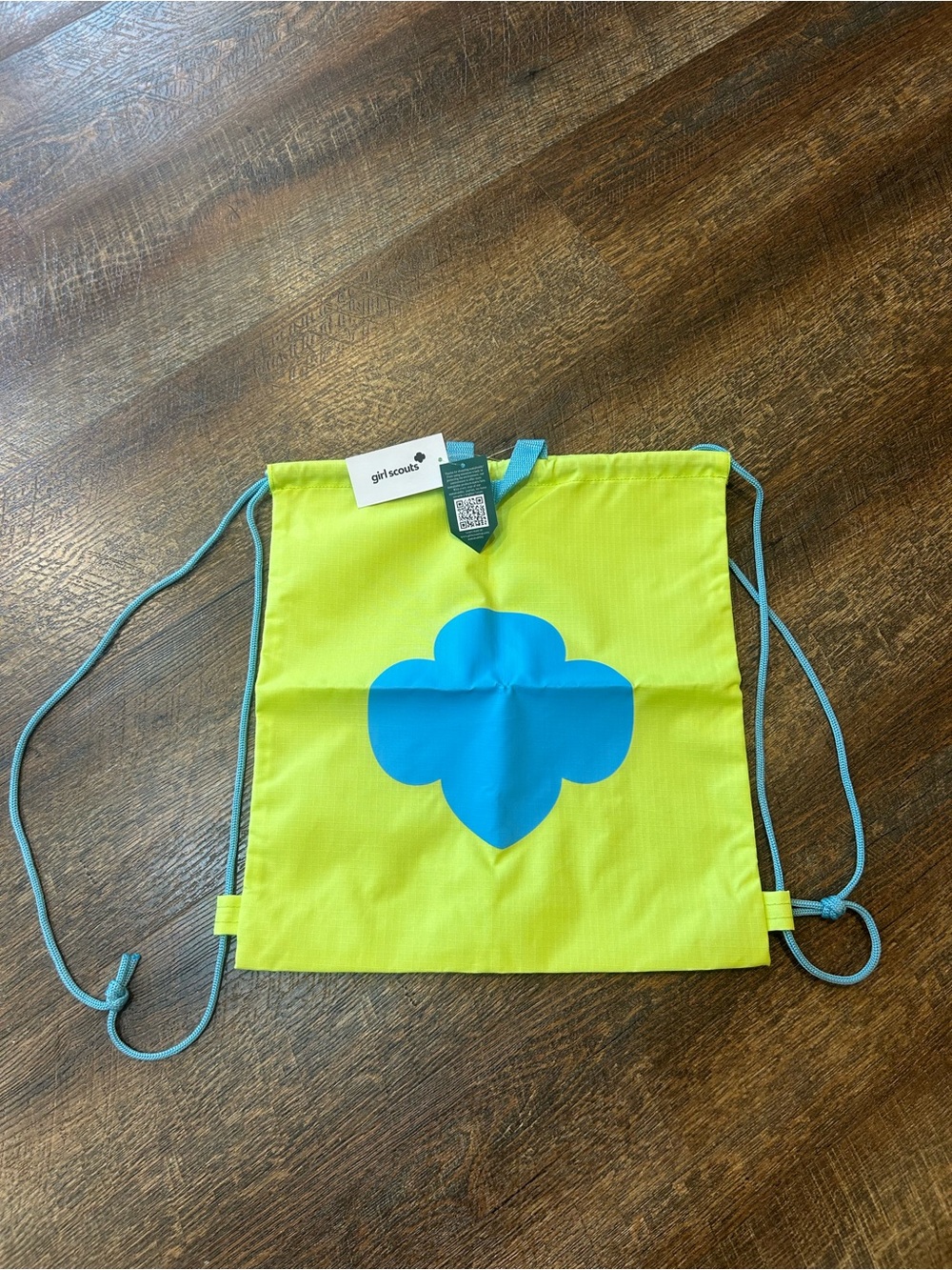 Girl Scouts Lime Green Drawstring Backpack with Blue Trefoil